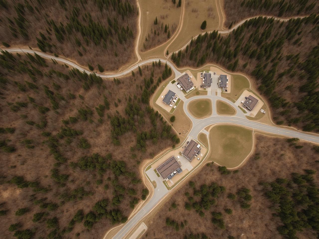Aerial view of a low-rise housing development on wooded rural land